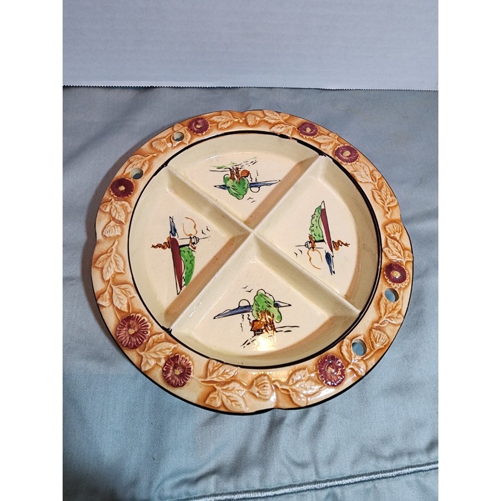 Vintage Divided Plated Tray Majolica Hand-Painted Lighthouses & Flowers Japanese